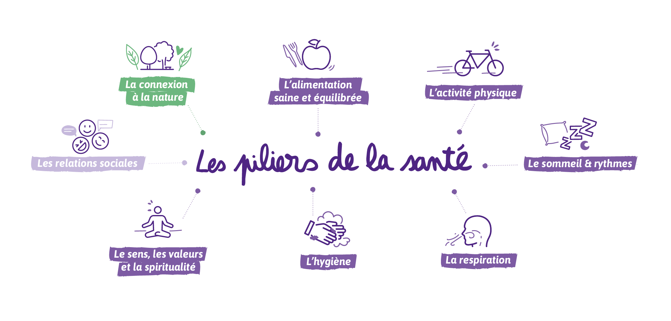 LES PILIERS DE LA SANTE : La connexion à la nature, l'alimentation saine et équilibrée, l'activité physique, le sommeil et rythmes, la respiration, l'hygiène, le sens les valeurs et la spiritualité, les relations sociales